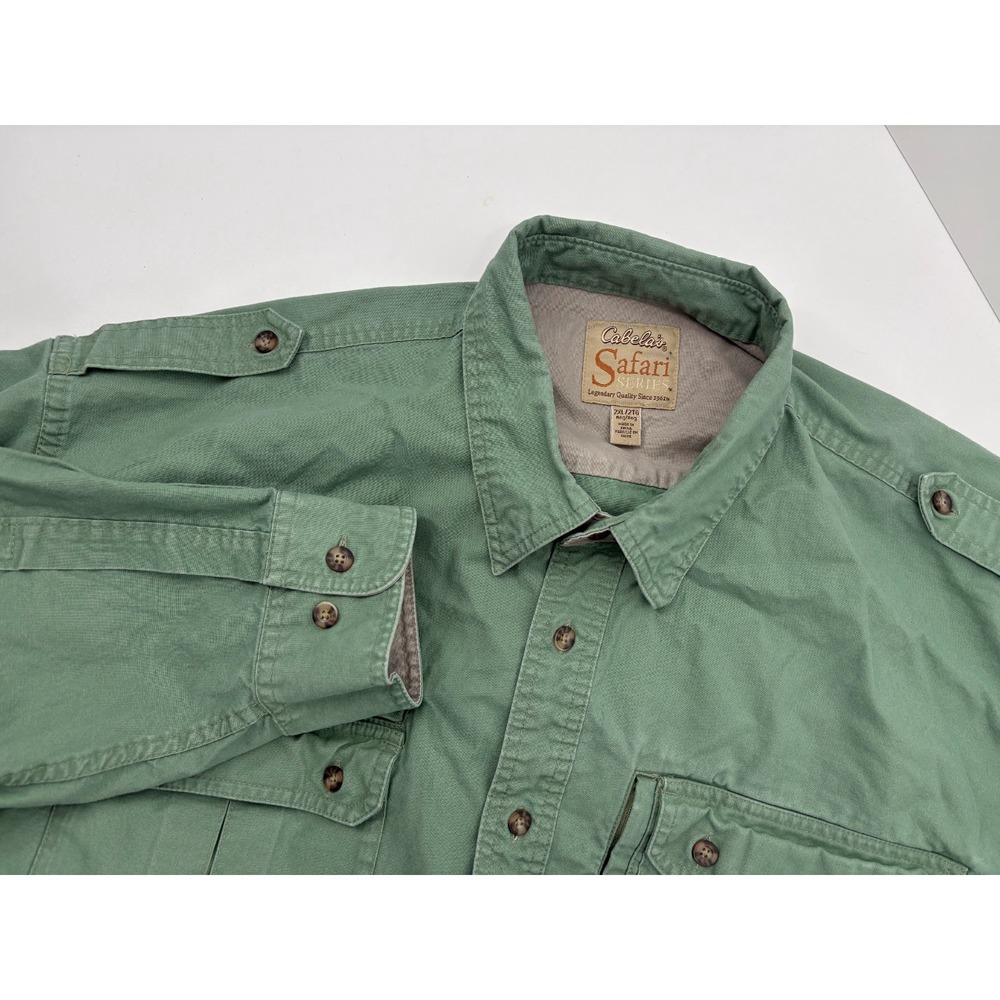Cabelas Safari Series Shirt Mens 2XL Green Button Up Utility Pockets Explorer